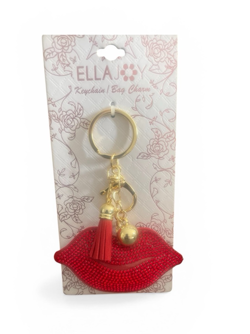 Ella Red Lip Tassel Bag Charm with Gold Hardware